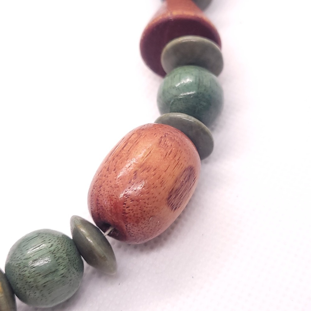 Wood Bead Necklace 25" Chunky Green Rust Disc Oval Boho Statement
